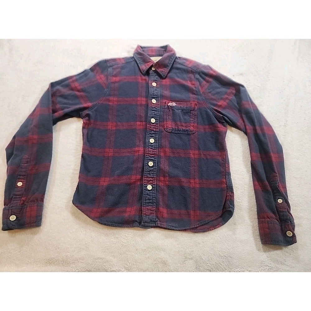 Hollister Mens Flannel‎ Button Shirt Size L Large Red Blue Plaid Long Sleeve